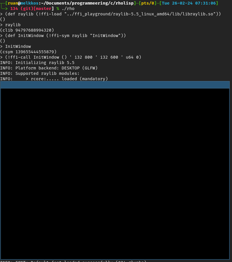screenshot of the above code running, creating a blank raylib window without a title