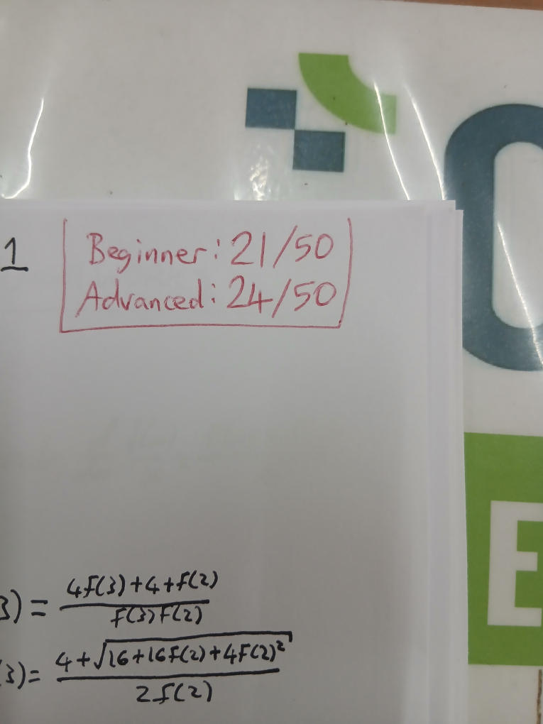 results for test 2: 21/50 for beginner and 24/50 for advanced